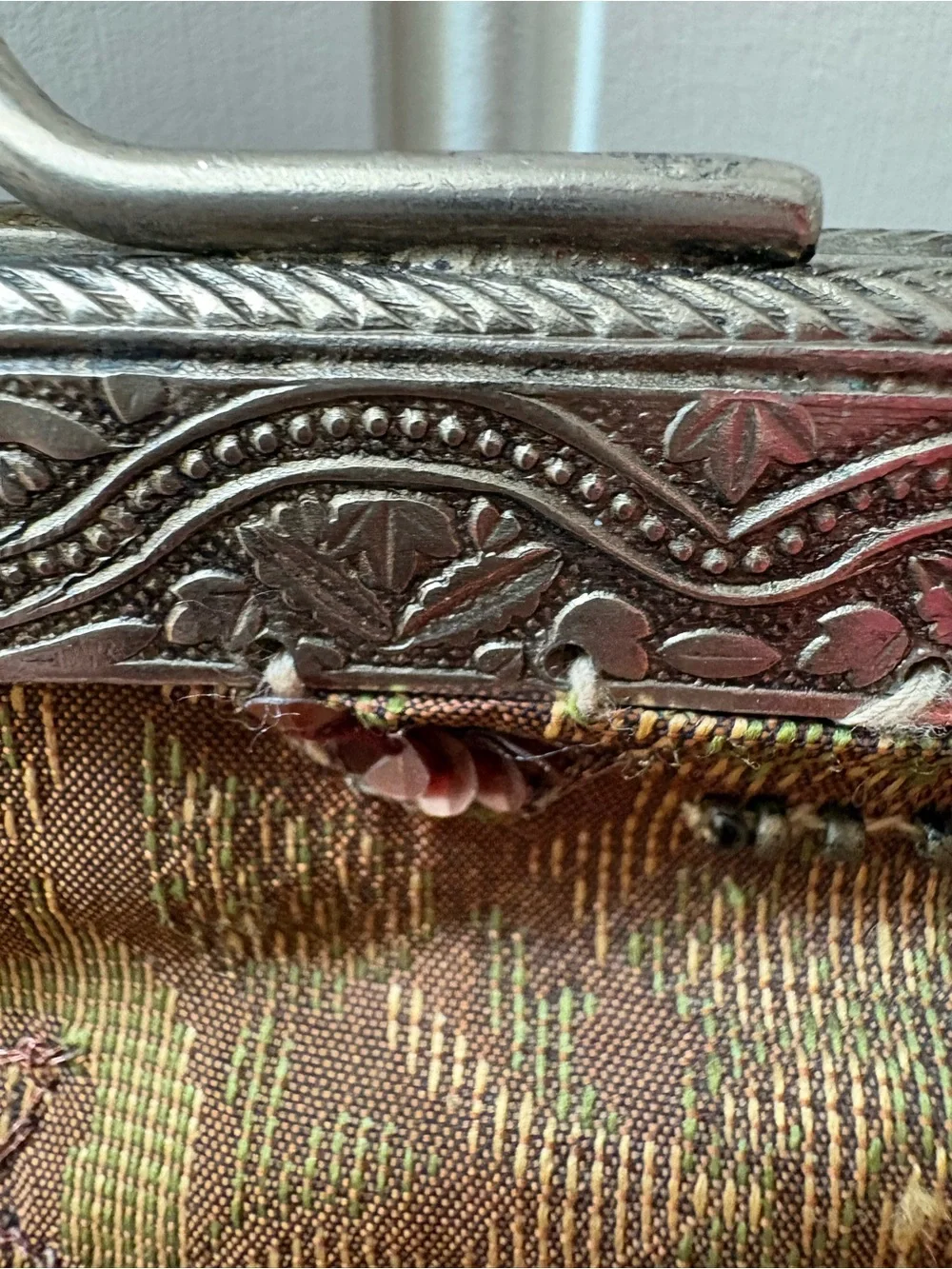 Beaded Brown Floral Evening/Day Bag with Silver Embossed Frame by Christiana